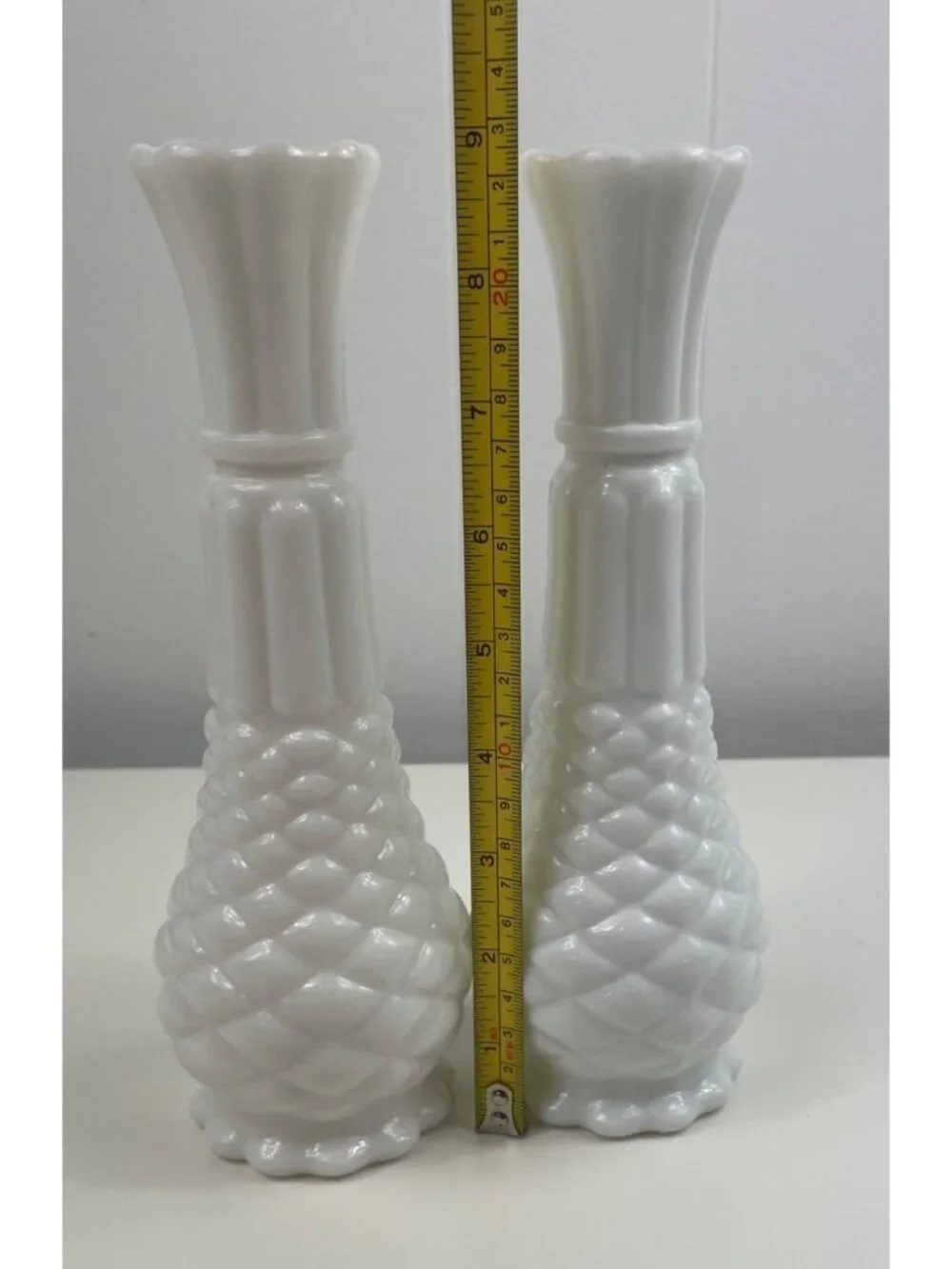 Vintage Anchor Hocking White Milk Glass Pineapple Bud Vase 9” Tall Set of 2